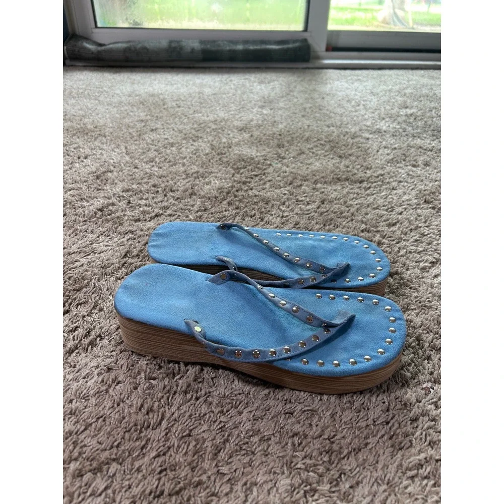 Blue Faux Suede Studded Platform Sandals Wedge Flip Flops Festival Western 8